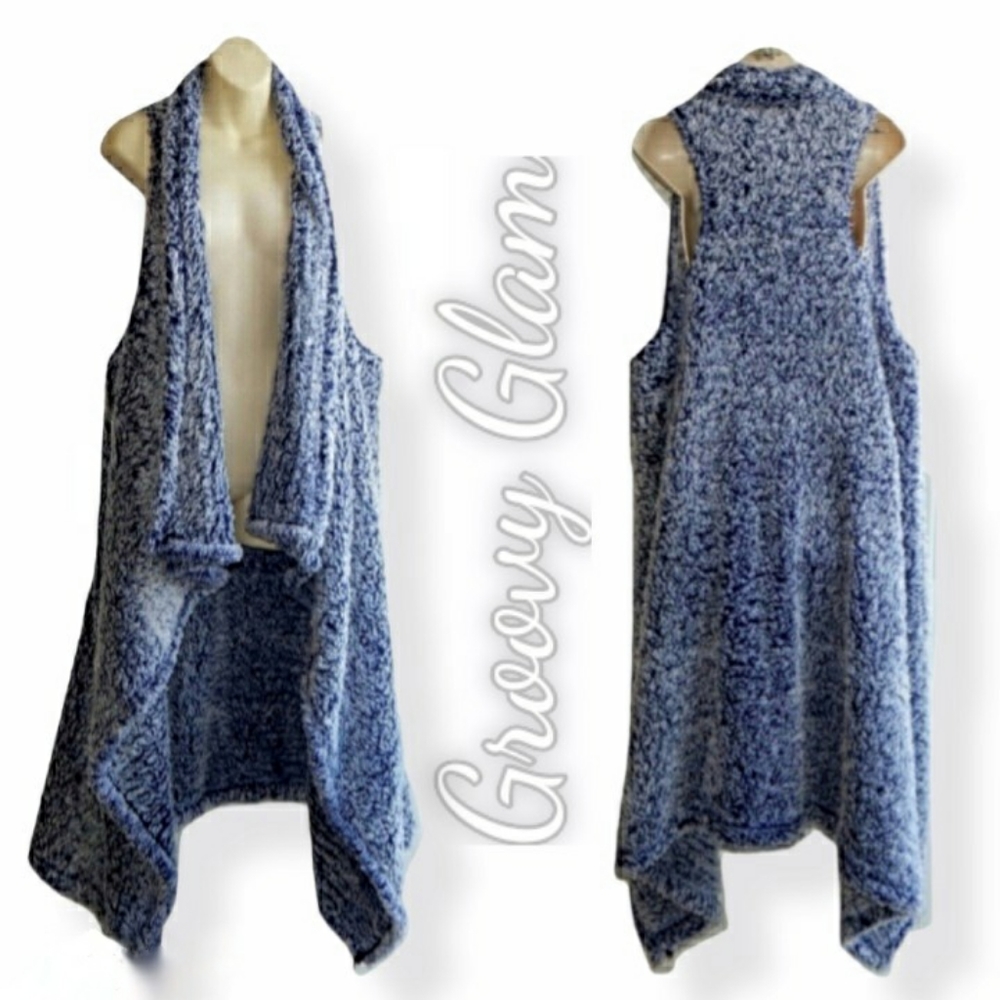 GROOVY GLAM Blue Plush Handmade Long Waterfall Vest Faux Shearling Teddy - Picture 1 of 3